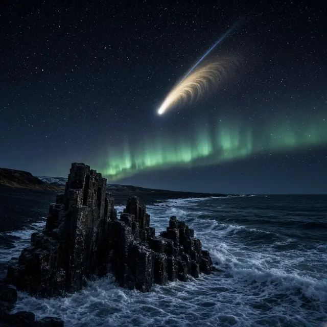 Icelandic Basalt Columns with Aurora Ribbon and Great Comet