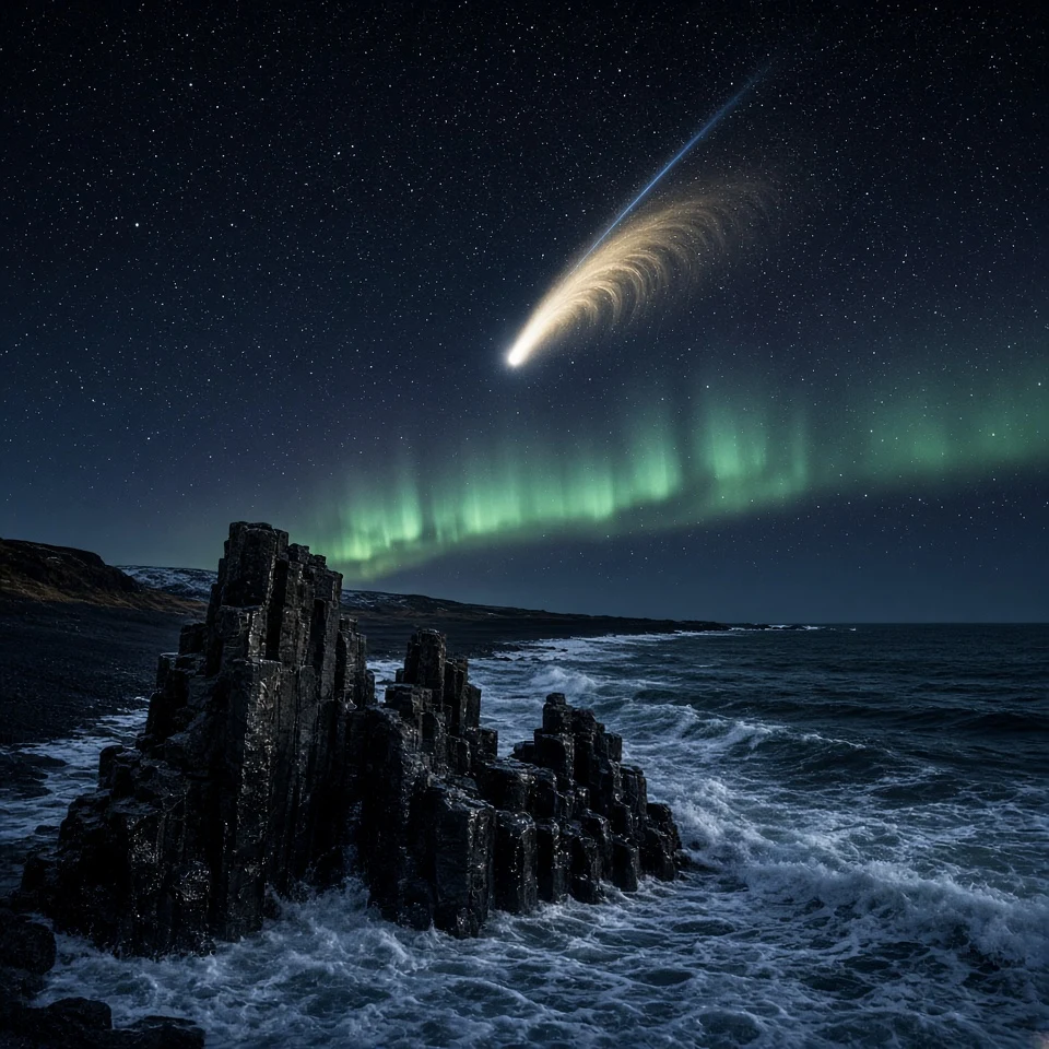 Icelandic Basalt Columns with Aurora Ribbon and Great Comet