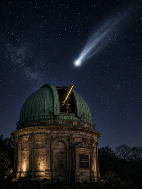 Victorian Copper Observatory Dome Silhouetted Beneath Comet