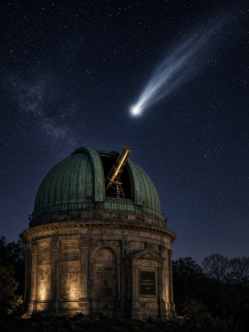 Victorian Copper Observatory Dome Silhouetted Beneath Comet