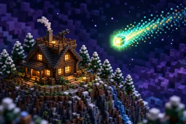 Isometric Voxel Observatory Cabin Beneath Blocky Starry Trail