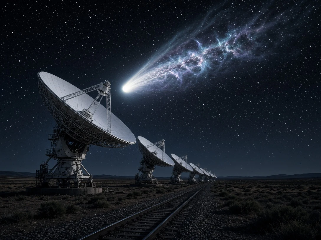 Very Large Array Radio Dishes Aligned Under Ionized Comet Tail