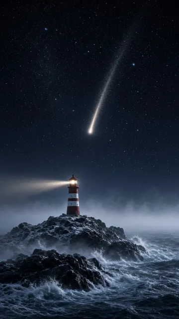 Coastal Nordic Lighthouse and Distant Pristine Winter Comet