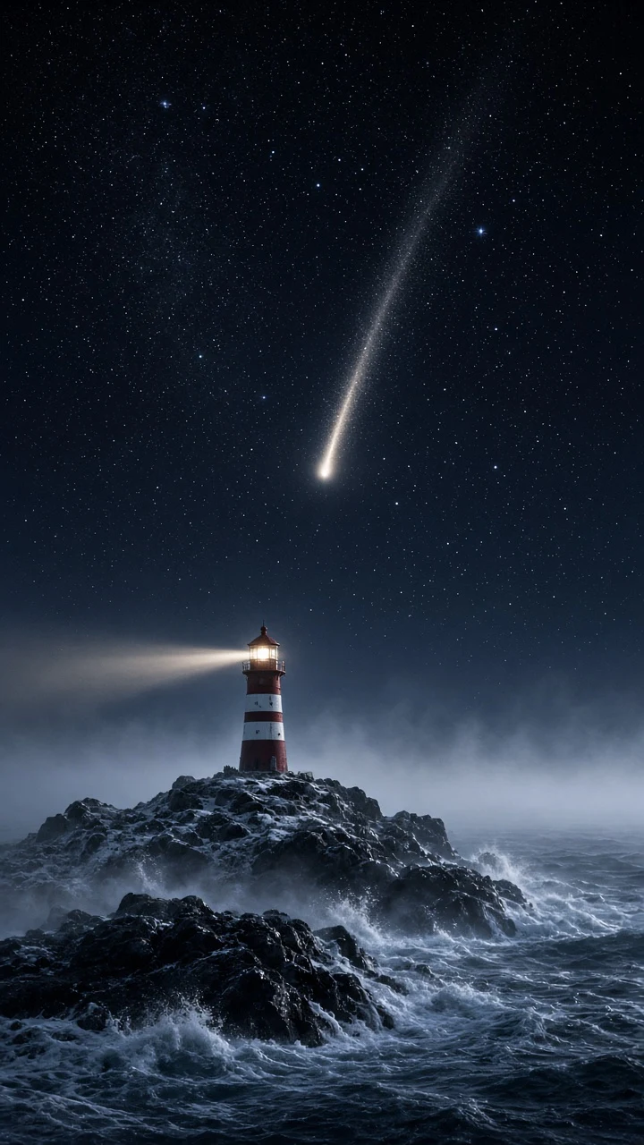 Coastal Nordic Lighthouse and Distant Pristine Winter Comet