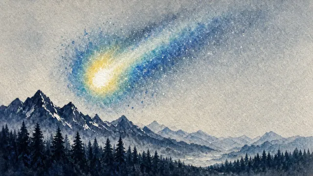 Ethereal Watercolor Wash of a Forest Ridge and Comet Ascending