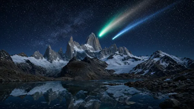 Mount Fitz Roy Spire Reflection Framing Twin Comet Plumes