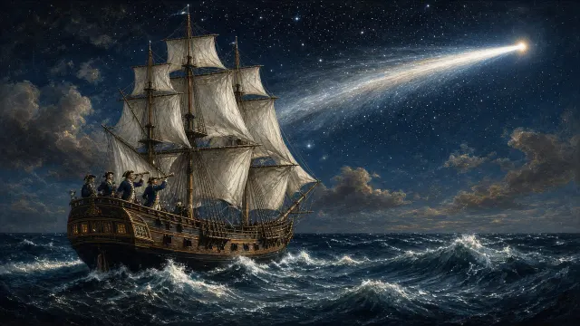 Eighteenth-Century Clipper Ship Crew Navigating by Great Comet