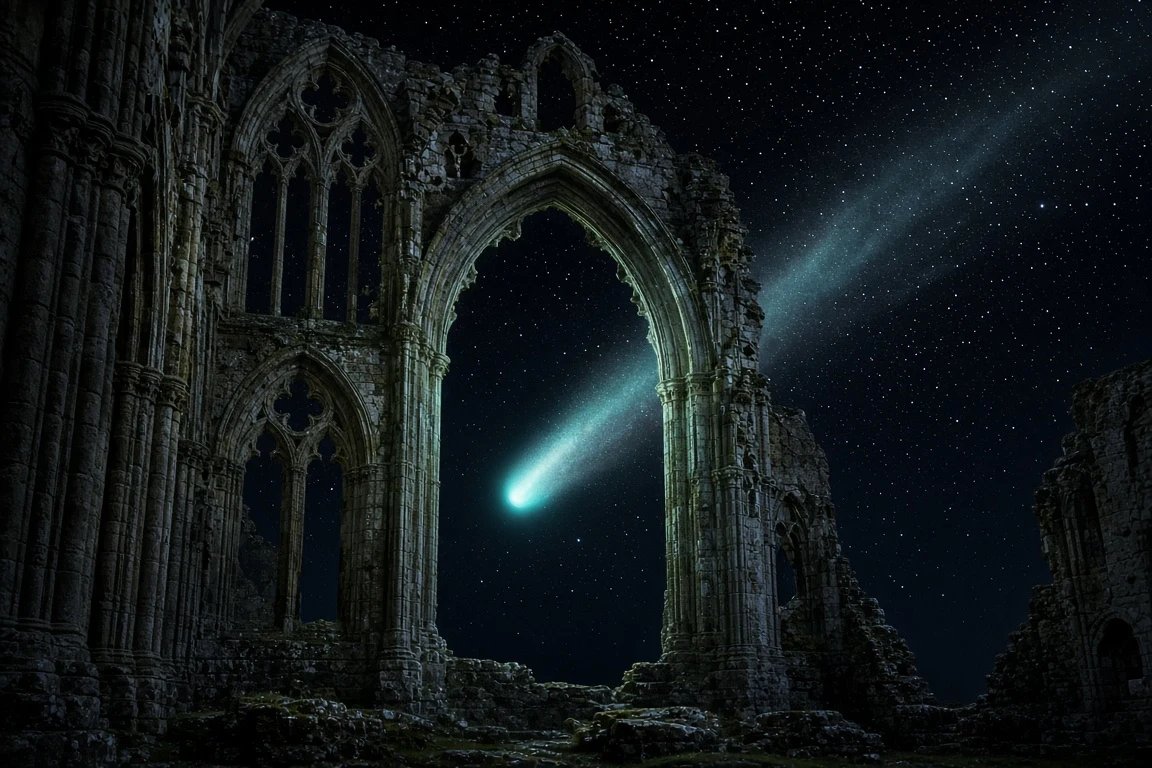 Gothic Abbey Ruins Framing Nocturnal Celestial Wanderer