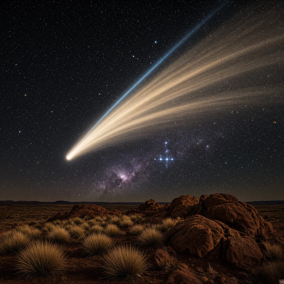 Australian Outback Red Monolith Beneath Fan-Tailed Comet
