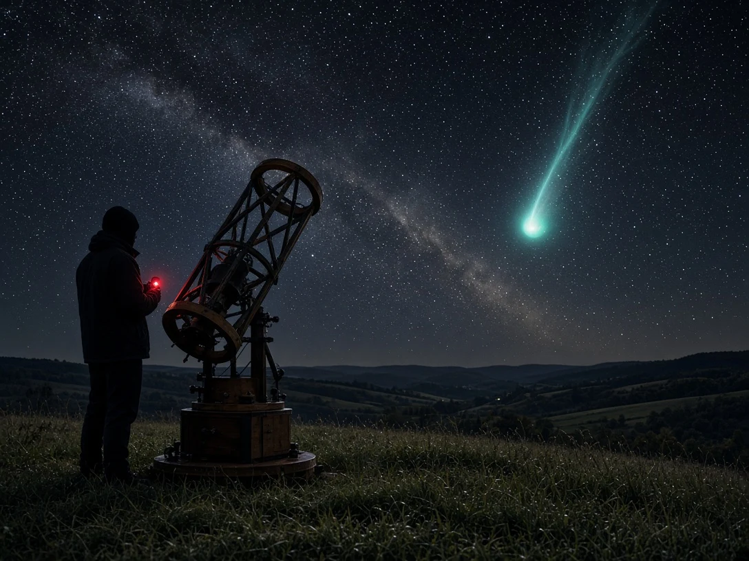 Backyard Astronomer with Dobsonian Telescope Observing Comet
