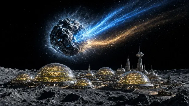 Retro-Futuristic Lunar Dome City Gazing at Massive Interstellar Comet