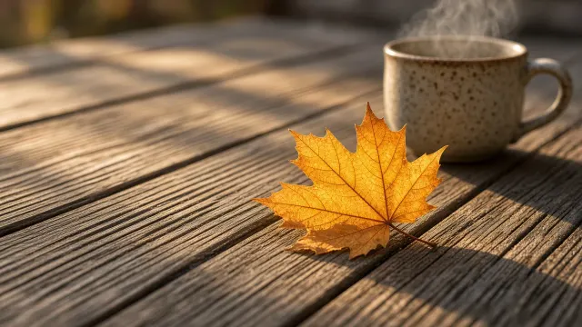 Sunlit Cedar Deck with Solitary Gilded Maple Leaf and Steaming Ceramic Mug