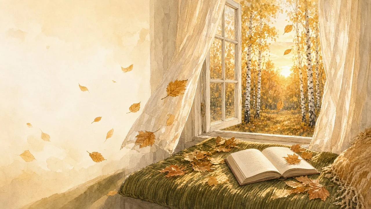Quiet Bay Window Reading Nook with Floating Birch Leaves and Gauze Curtains