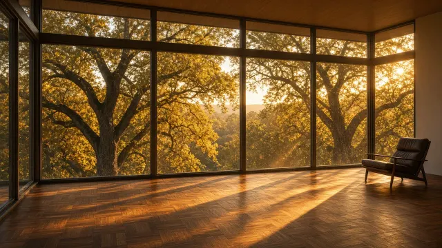 Mid-Century Modern Sunroom Surrounded by Luminous Golden Oak Canopy