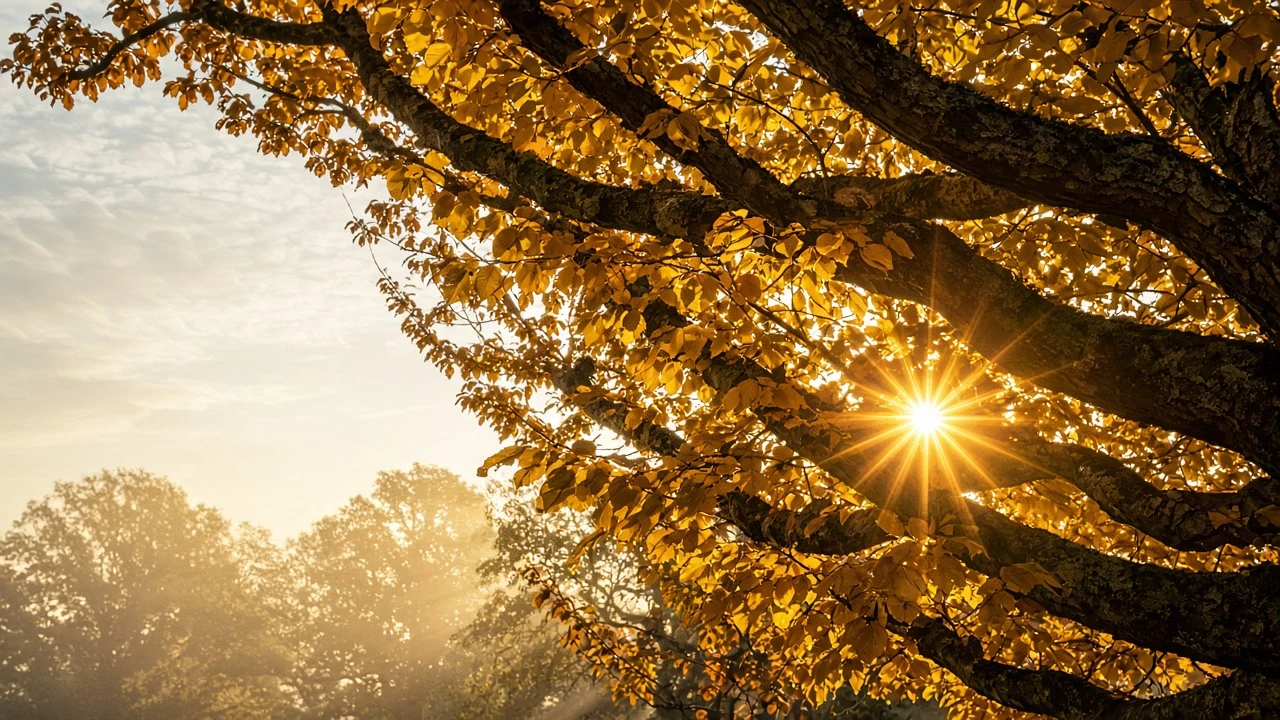 Looking Up into Glowing Golden Beech Canopy with Sunburst and Calm Sky