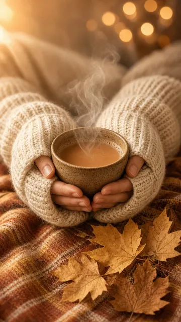 Warm Wool Knit Sleeve Cupping Ceramic Mug Amid Scattered Dry Amber Leaves