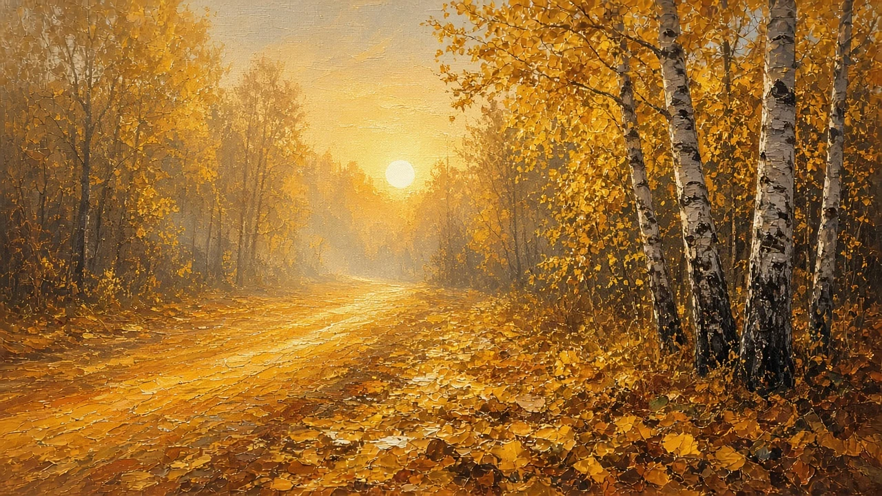 Atmospheric Impasto Oil Painting of a Misty Golden Autumn Forest Path