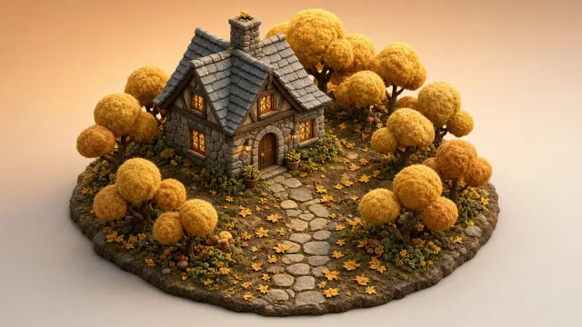 Isometric Clay-Rendered Autumn Cottage Surrounded by Sculpted Golden Trees