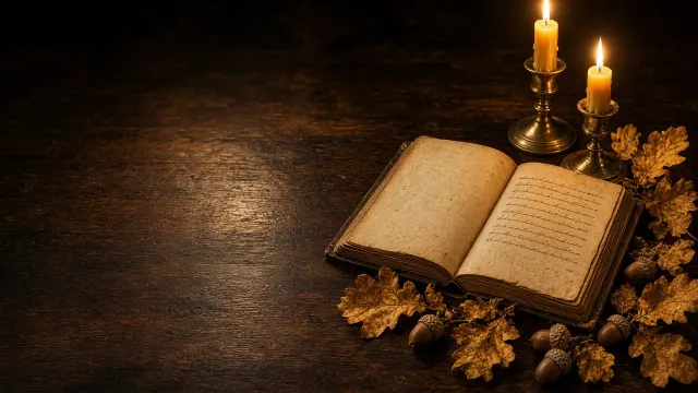Antique Dark Oak Bureau with Scattered Gilded Leaves and Wax Candlelight