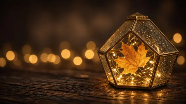 Glass Terrarium with Miniature Golden Leaf and Twinkling Fairy Lights