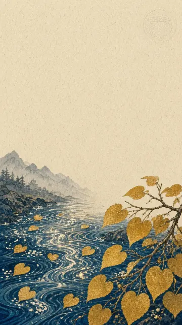 Japanese Woodblock Ukiyo-e Style Stream with Floating Golden Katsura Leaves