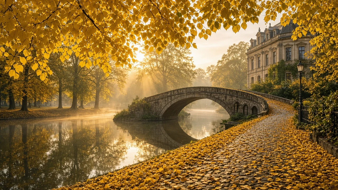 Historic Stone Arch Bridge in European Park Covered in Golden Linden Leaves