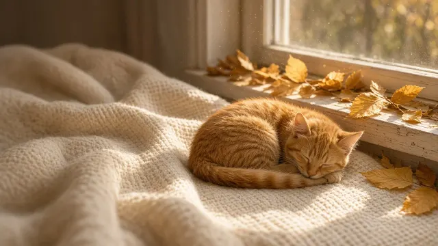 Sleeping Orange Tabby Cat on Cream Waffle Blanket Beside Leaf-Strewn Sill