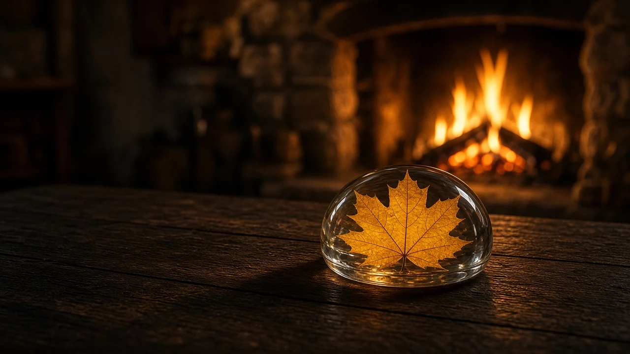 Hearth Firelight Illuminating Dark Timber Desk with Pressed Glass Leaf Paperweight
