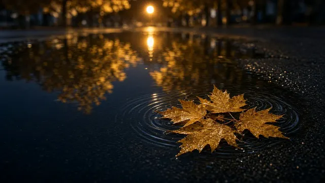 Night Rain Puddle Reflecting Amber Streetlight with Floating Golden Leaves