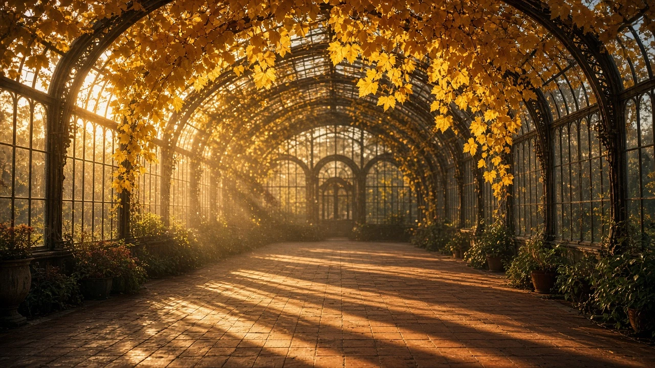 Victorian Greenhouse Interior with Sunset Rays Piercing Golden Creeping Vines
