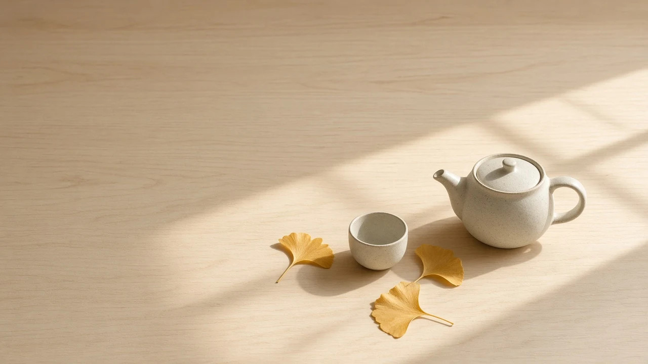 Zen Ceramic Teapot and Asymmetric Gilded Leaves on Pale Birch Tabletop