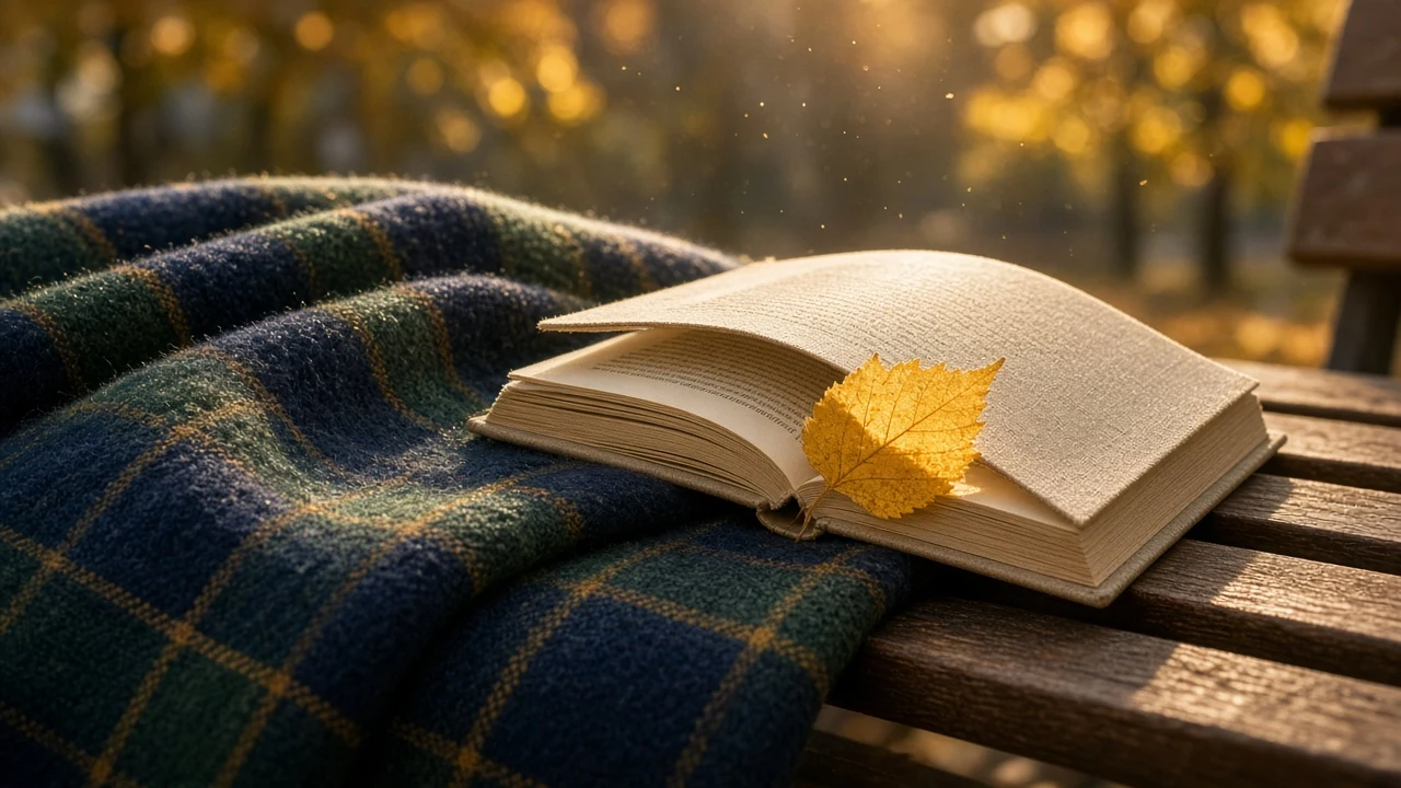 Open Hardcover Book on Wool Plaid Blanket with Pressed Golden Birch Marker