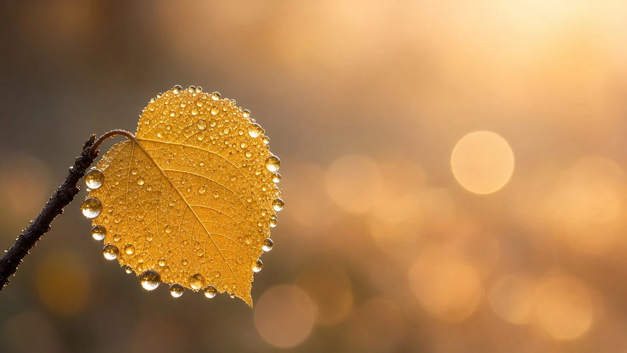 Dew-Covered Golden Aspen Leaf on Slender Twig Against Sunset City Bokeh