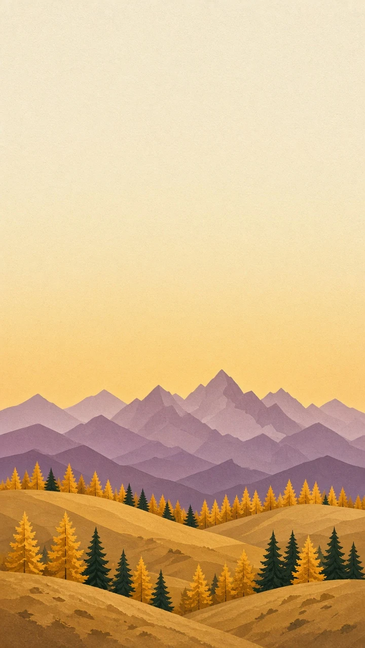 Serene Vector Gouache Mountain Range Dotted with Golden Larch Trees