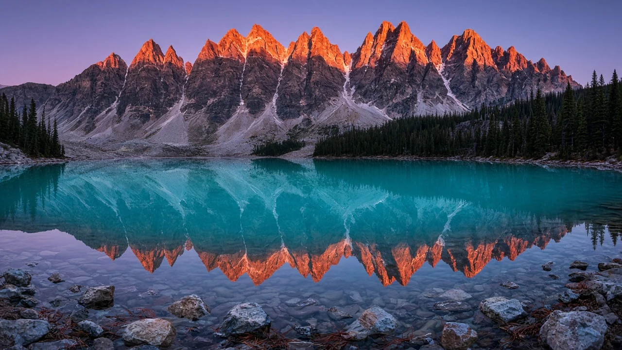 Glacial Alpenglow Mirroring Moraine Spires at Moraine Lake Dawn