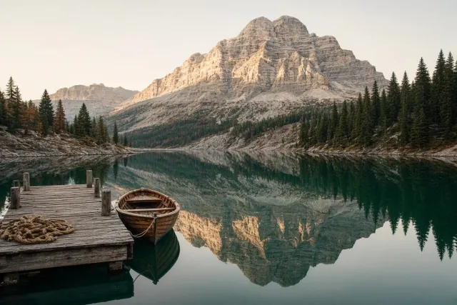 Dolomite Pale Peaks Mirrored in Emerald Waters of Lago di Braies