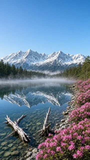 Japanese Alps Spring Azaleas and Mount Hotaka Reflection at Taisho Pond
