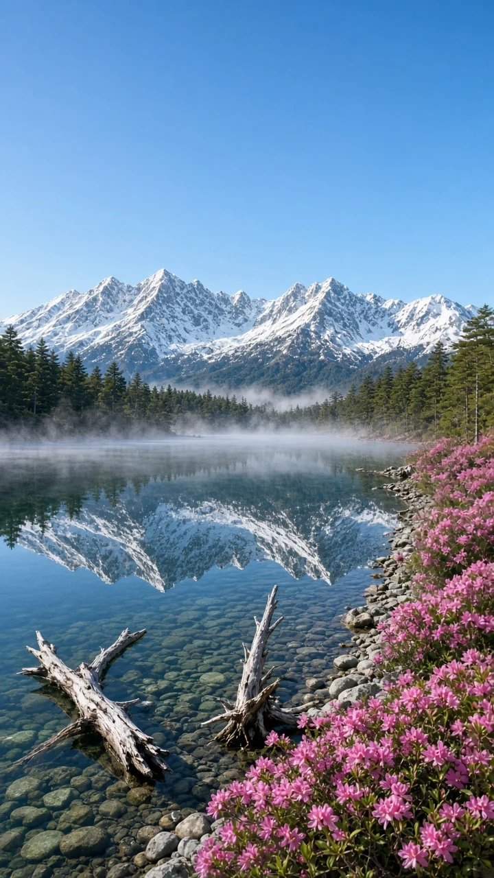 Japanese Alps Spring Azaleas and Mount Hotaka Reflection at Taisho Pond