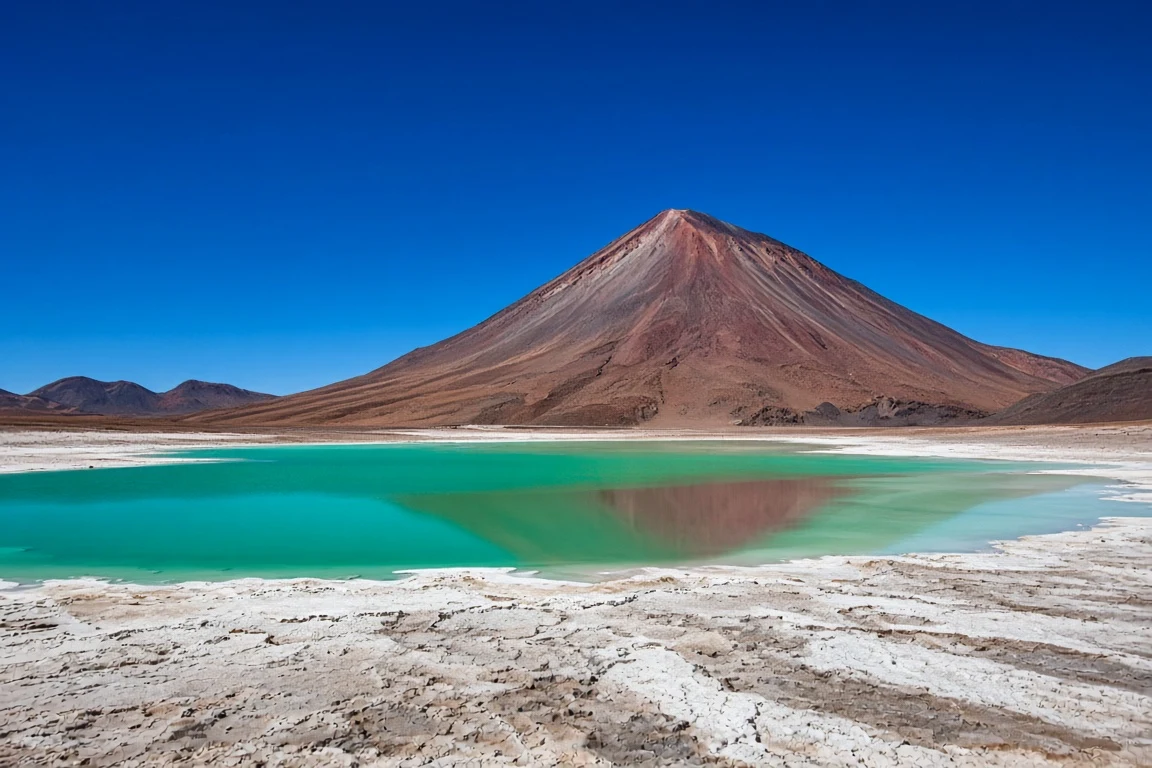 Atacama Altiplano Licancabur Volcano over Laguna Verde