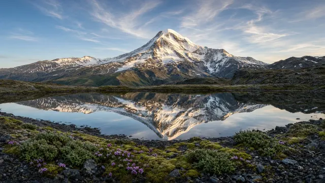 Mount Kazbek Glaciated Dome Reflected in Gveleti Tarn