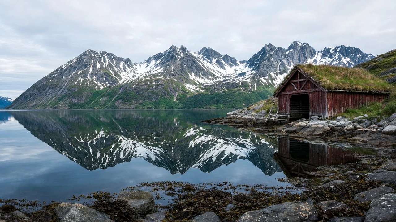 Sunnmøre Alps Fjord Tarn and Weathered Boat Shed