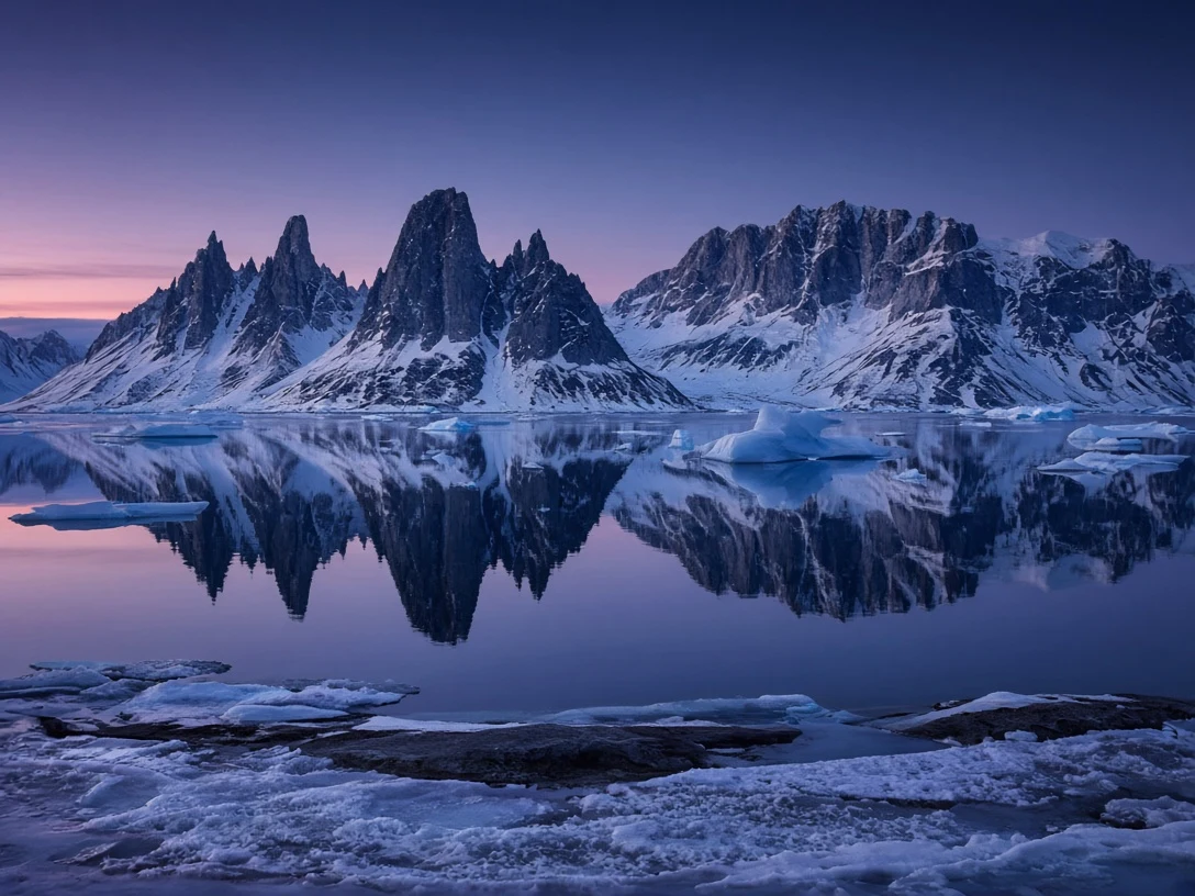 Arctic Blue Hour and Coastal Horns in East Greenland Meltwater