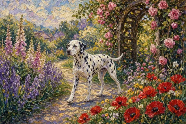 Impressionist Oil Painting of Dalmatian in English Garden