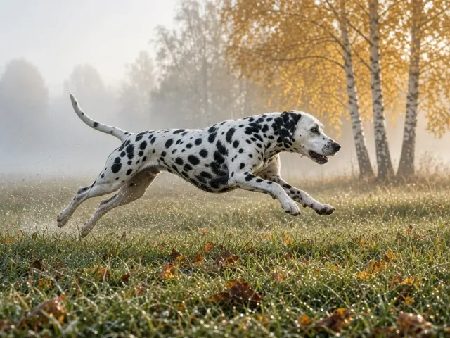 Full Gallop Dalmatian on Mist-Covered Autumn Meadow