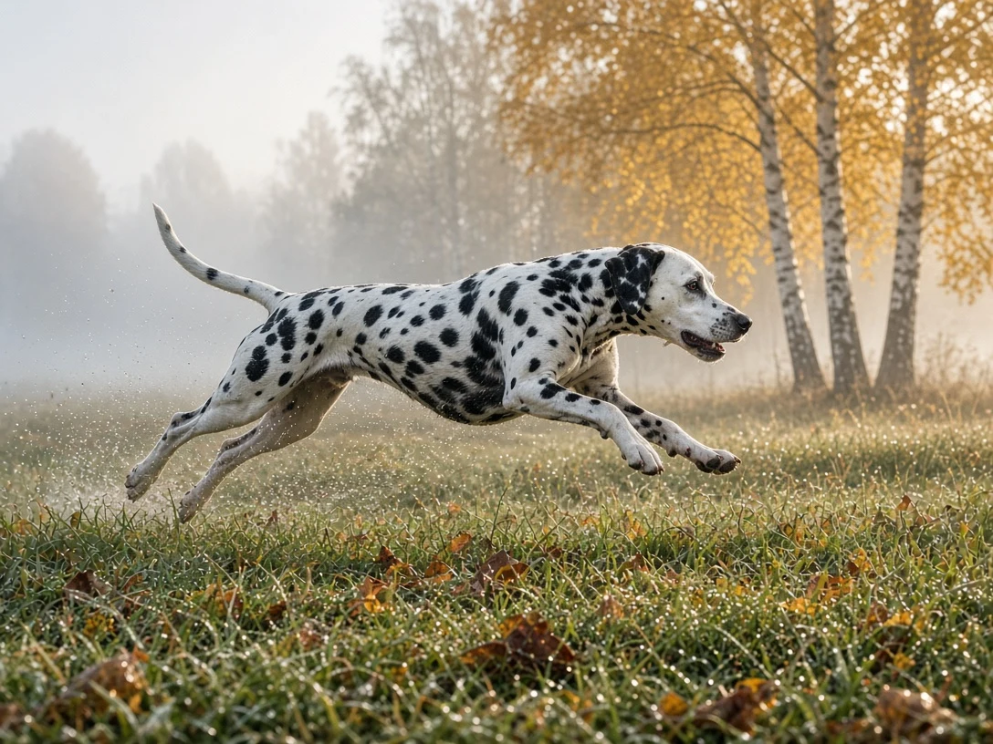 Full Gallop Dalmatian on Mist-Covered Autumn Meadow