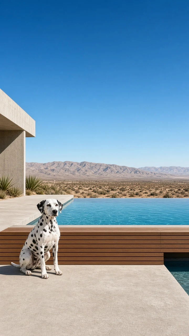 Modernist Architecture and Dalmatian by Concrete Pool