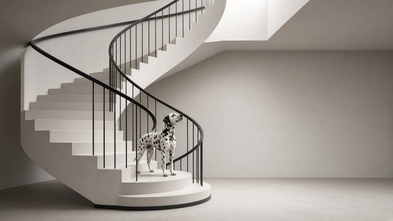 Dalmatian Looking Up Modernist Spiral Staircase