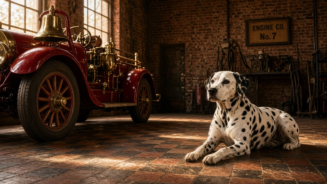 Vintage Firehouse Dalmatian Beside Polished Brass Engine