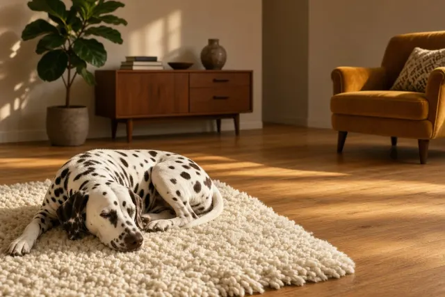 Dalmatian on Rug in Sunlit Mid-Century Living Room