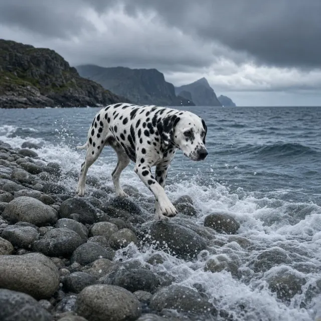 Dalmatian Navigating Nordic Coastal Pebble Beach